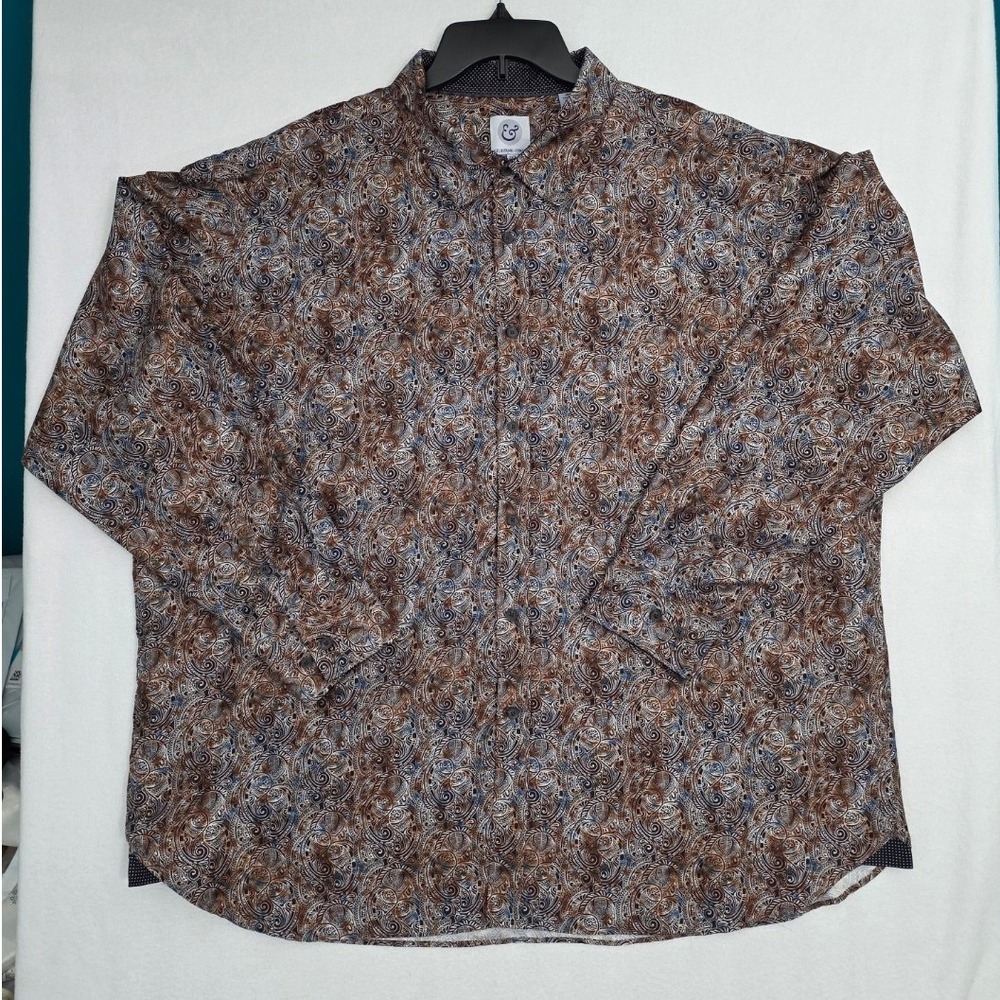 Kilburne & Finch Paisley Button Down Shirt 3XL Brown Blue Polyester Mens Ornate